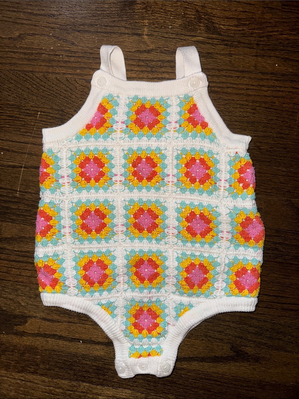 Chelsea & Violet White Crochet Baby One-Piece with Pink, Yellow & Aqua Squares